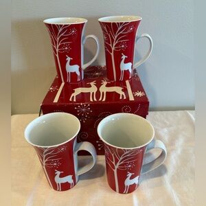 Set of 4 Red & White 10 oz Reindeer Mugs 5"H W/Box Living Quarters EUC